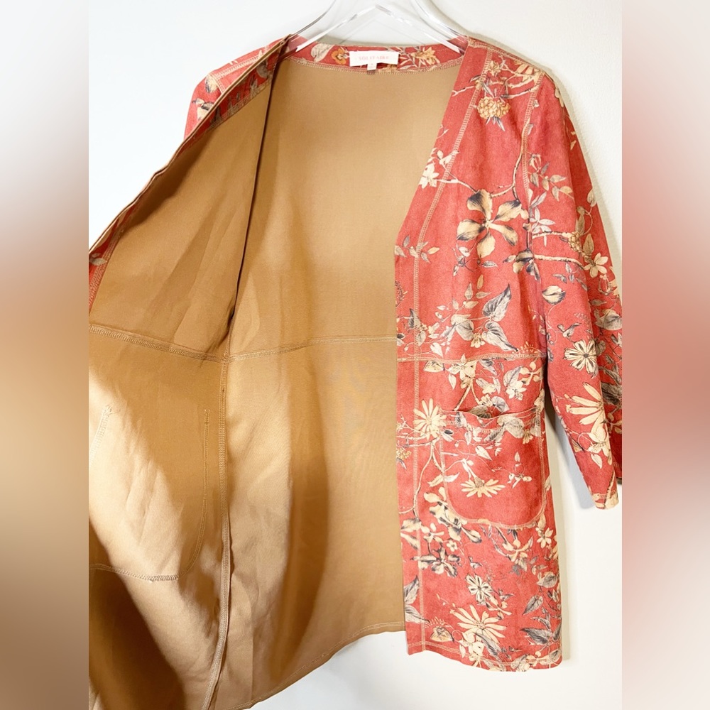 Anthropologie Solitaire Floral Kimono Faux Suede Duster Jacket